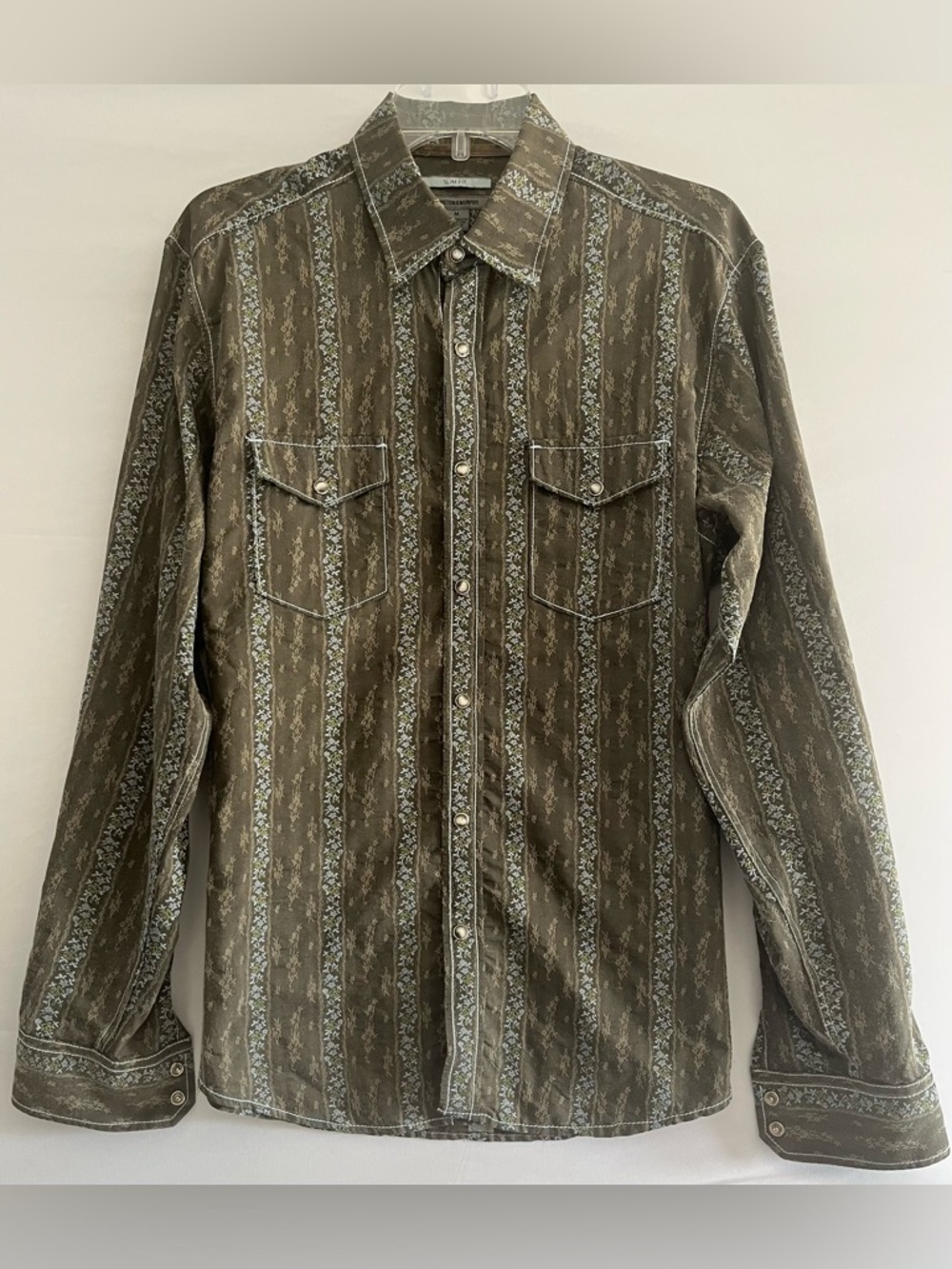 Johnston & Murphy Slim Fit Western Jacquard Pearl Snap Shirt Olive